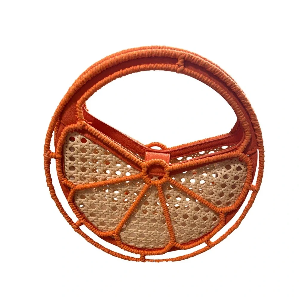 Citrus Orange Slice Woven Cane Raffia Top Handle Bag Small Orange - Picture 5 of 6